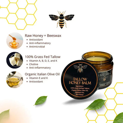 Organic Grass Fed Beef Tallow Balm with Raw Honey Moisturizing Cream for Soft Smooth Skin Handmade All-Natural Moisturizer Skin